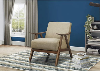 Lexicon Mid Century Modern Accent Chair with Solid Wood Frame in Walnut Finish, Upholstered Living Room Lounge Arm Chair, Thick and Comfy Innerspring Seat Cushion, Linen-Look Fabric, Light Brown
