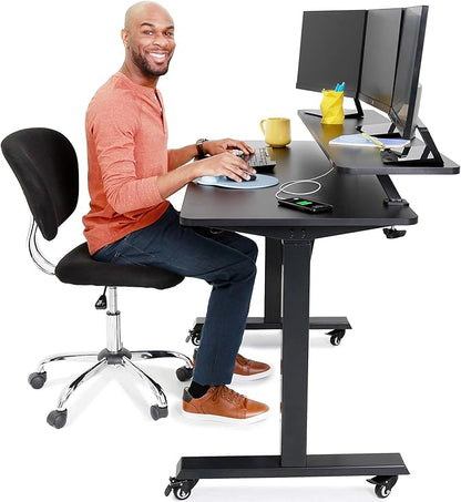 Stand Steady Tranzendesk Power | 55 Inch Electric Standing Desk with Built-In Charging | Height Adjustable Stand Up Desk with Clamp On Shelf | Electronic Desk with 1 AC Outlet & 2 USB Ports (55/Black)