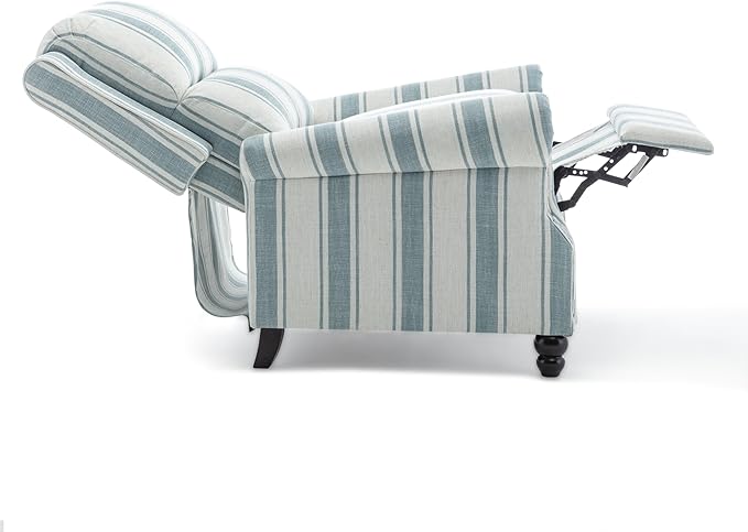 Pushback Recliner Chair, Comfy Fabric Wingback Recliner Chair, Upholstered Armchair Push Back Recliner with Wood Legs, Rivet Trim Single Sofa Accent Chair for Living Room, Bedroom, Blue Stripe