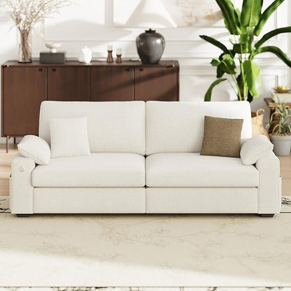89" Loveseat Sofa, Cloud Foam Couch, 3 Seater Upholstered Midcentury Mondern Love Seat with USB Type C Ports, 4 Pillows and Flip-Open Storage Armrest for Living Room/Small Spaces, Beige