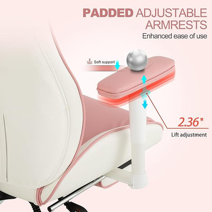 Ergonomic Home Office Chair with Footrest,Modern Faux Leather Reclining Chair,High Back Video Game Executive Computer Chairs with Adjustable Armrest & Lumbar Support,360°Swivel (Pink)