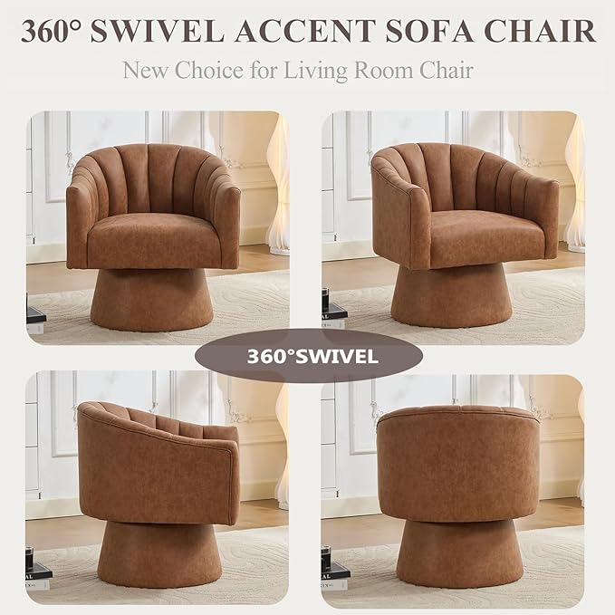 Swivel Accent Chair, Faux Leather 360° Swivel Barrel Chair Upholstered Modern Living Room Chair, Overstuffed Reading Armchair for Bedroom,Vanity,Office-Brown
