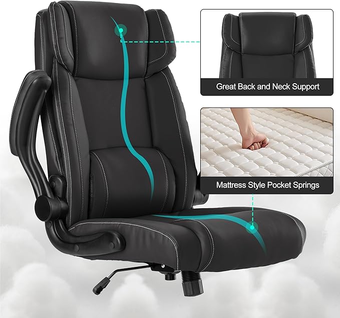 Office Desk Chair,Ergonomic Conference Room Chairs,Mid Back Executive Leather Chair,Comfy Computer Desk Chairs with Adjustable Flip-Up Arms and Rocking Function (Black)