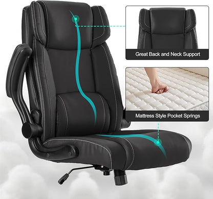 Office Desk Chair,Ergonomic Conference Room Chairs,Mid Back Executive Leather Chair,Comfy Computer Desk Chairs with Adjustable Flip-Up Arms and Rocking Function (Black)