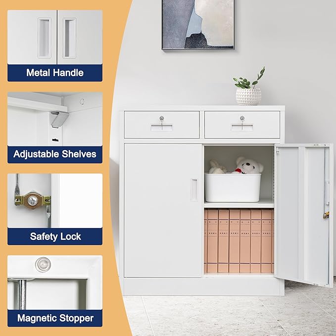 Metal Storage Cabinet, 36 Inch Tall Metal Storage Cabinet with Doors and Shelves, Pantry Cabinets with Drawer for Kitchen Storage, Garage Cabinet for Living, Dining Room, Assemble Required.