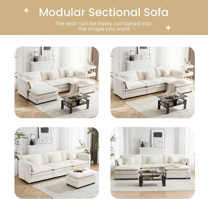 112" Modular Sectional Sofa with Movable Ottoman, L Shaped Couches for Living Room, 3 Seater Comfy Cloud Couch with Removable Cover, Armrest Pillow (Beige)