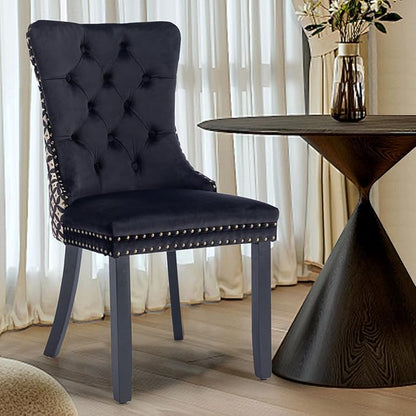Velvet Upholstered Dining Chairs Set of 4, Modern Style Kitchen Side Chairs with Nailhead Trim and Wood Legs,Metal Pulling Ring for Dining Room Living Room(Quadrangular Star&Black)