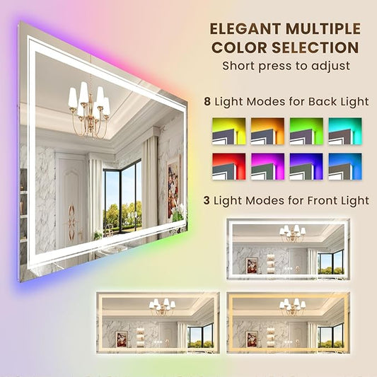 WTTY LED Bathroom Mirror 60"x36" with RGB Backlit and Front Light,Stepless Dimmable LED Mirror for Bathroom,Lighted Bathroom Vanity Mirror,Anti-Fog,Memory Function,Shatter-Proof,Wall Mounted