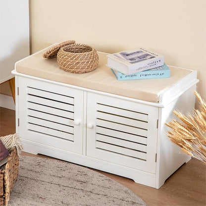 MFSTUDIO Shoe Storage Bench, White Shoe Entryway Bench with Seating Padded Cushion, 2 Doors, Adjustable Shelf, Freestanding Shoe Rack Organizer for Entryway Hallway Living Room Bedroom, Beige Cushion