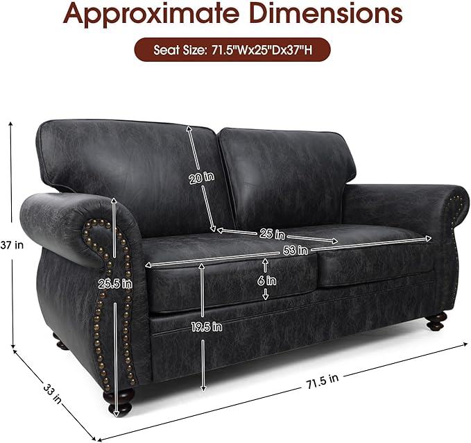 Mid-Century Vintage Sofa Couches with Rivet Design,loveseat Sofa,Removable Sofa Cover Upholstered Cushions and Solid Wood Frame (Grey, Loveseat)