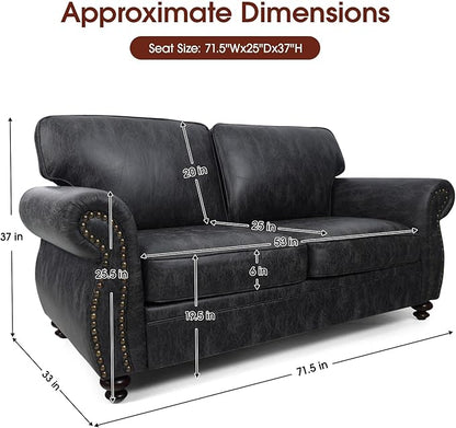 Mid-Century Vintage Sofa Couches with Rivet Design,loveseat Sofa,Removable Sofa Cover Upholstered Cushions and Solid Wood Frame (Grey, Loveseat)