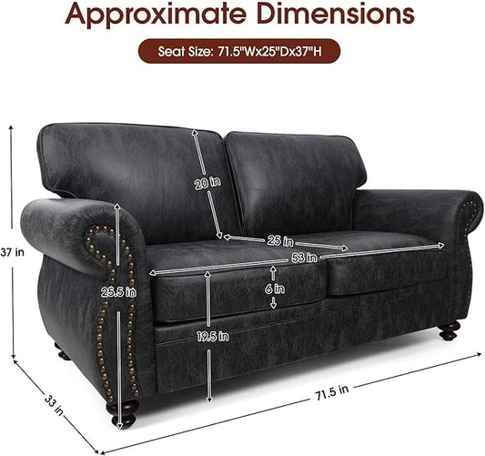 Mid-Century Vintage Sofa Couches with Rivet Design,loveseat Sofa,Removable Sofa Cover Upholstered Cushions and Solid Wood Frame (Grey, Loveseat)