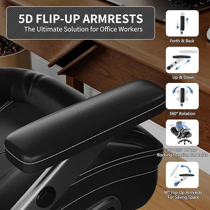 Big and Tall Office Chair, 600lbs Heavy Duty Desk Chair with 5D Arms, Adjustable Lumbar Support & Height, Tilt Function, PU Leather High Back Ergonomic Executive Computer Chair with 3'' Silent Casters