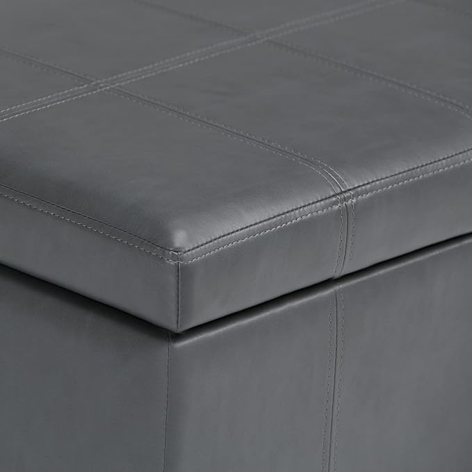SIMPLIHOME Amelia 33 inch Wide Transitional Rectangle Storage Ottoman Bench in Stone Grey Vegan Faux Leather, Assembled, For the Living Room, Entryway and Family Room