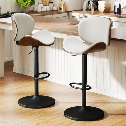 Furniliving Adjustable Bar Stools Set of 2, Swivel Bentwood Barstools Counter Height Bar Stools, Ergonomic Modern Bar Stools with Back Upholstered Barstools for Dining Room, Kitchen, Bar, White, PU