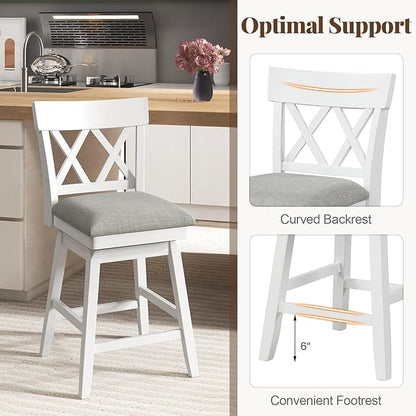 COSTWAY Bar Stool for Kitchen Island, 26" Counter Height Chair with Ergonomic Backrest, Foot Rest, Padded Seat & Solid Wood Structure, 360°Swivel Farmhouse Barstool with Back