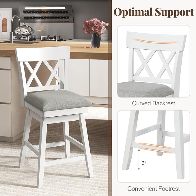 COSTWAY Bar Stool Set of 3 for Kitchen Island, 26" Counter Height Chair with Ergonomic Backrest, Foot Rest, Padded Seat & Solid Wood Structure, 360°Swivel Farmhouse Barstool with Back