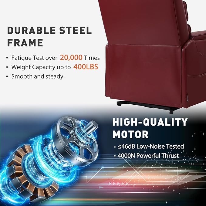 EONIX Dual Motor Lay Flat Power Lift Recliner Chair for Elderly, Breathable Faux Leather Electric Lift Chairs for Adults, 400lbs Heavy Duty Power Recliner with Heat and Massage, SLRY003061, Burgundy
