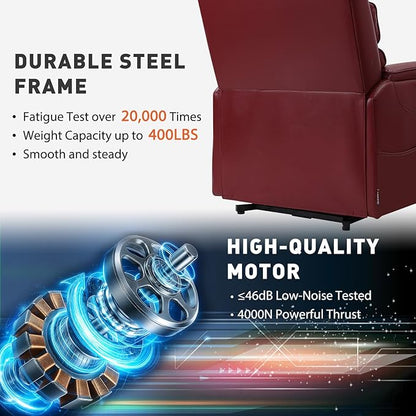 EONIX Dual Motor Lay Flat Power Lift Recliner Chair for Elderly, Breathable Faux Leather Electric Lift Chairs for Adults, 400lbs Heavy Duty Power Recliner with Heat and Massage, SLRY003061, Burgundy