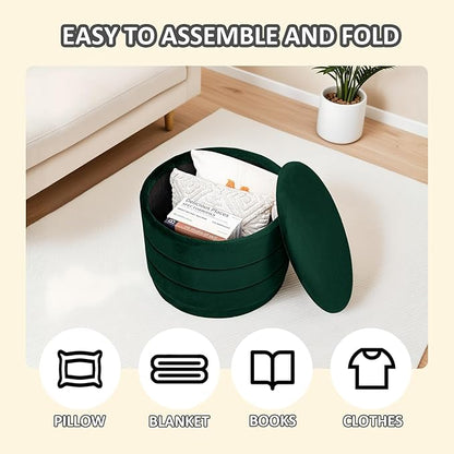 PINPLUS Large Round Velvet Storage Ottoman, Bottle Green Upholstered Footstool with Hidden Storage, Sturdy Coffee Table Ottoman for Living Room & Bedroom