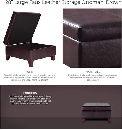 HomePop Faux Leather Square Storage Ottoman with Wood Legs, Distressed Brown