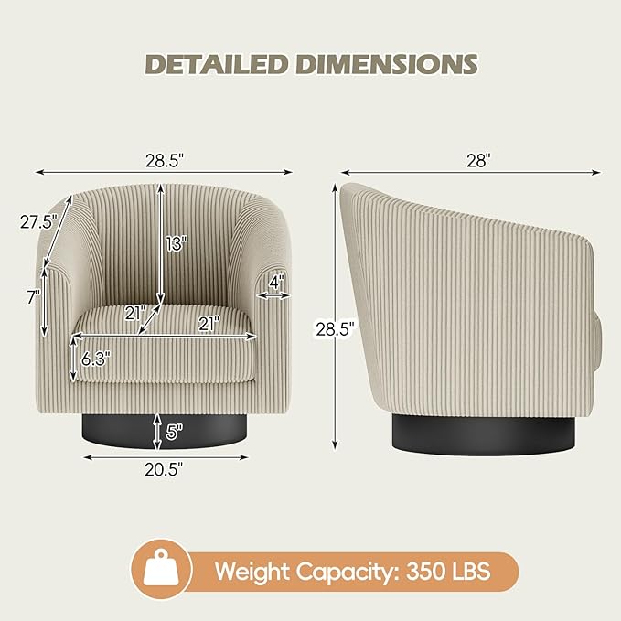 360° Swivel Accent Chairs, Modern Bucket Chair, Corduroy Barrel Armchair, Comfy Boucle Chair, Single Sofa for Living Room Bedroom. Camel