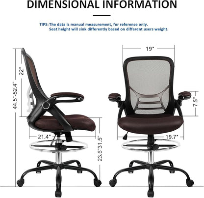 HYLONE Drafting Chair, Tall Office Chair Standing Desk Chair Brown Mesh High-Back Drafting Stool with Flip-Up Arms, Adjustable Foot Ring, Brown