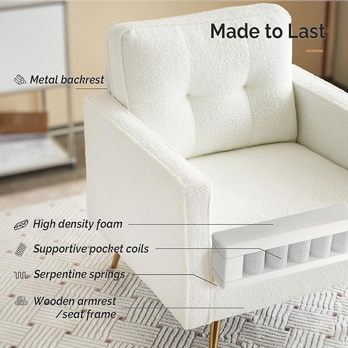 VINGLI Upholstered Living Room Chairs White Accent Chair Fluffy Teddy Fabric Mid Century Modern Sofa Chairs with Arms, Gold Legs for Reading, Bedroom, Waiting Room
