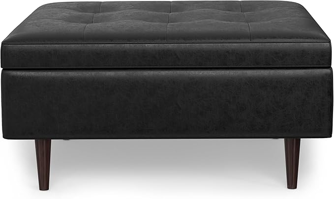 SIMPLIHOME Shay 38 inch Wide Mid Century Modern Large Square Coffee Table Storage Ottoman in Distressed Black Vegan Faux Leather, Assembled, for The Living Room and Entryway