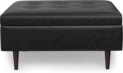 SIMPLIHOME Shay 38 inch Wide Mid Century Modern Large Square Coffee Table Storage Ottoman in Distressed Black Vegan Faux Leather, Assembled, for The Living Room and Entryway