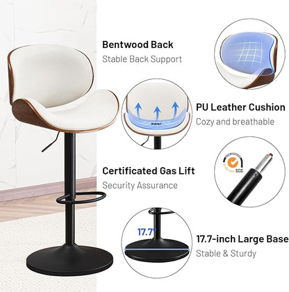 Furniliving Adjustable Bar Stools Set of 2, Swivel Bentwood Barstools Counter Height Bar Stools, Ergonomic Modern Bar Stools with Back Upholstered Barstools for Dining Room, Kitchen, Bar, White, PU