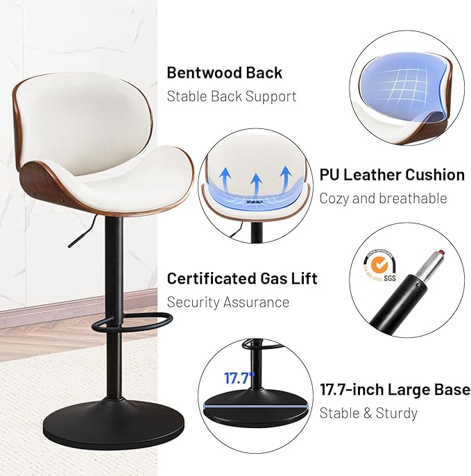 Furniliving Bar Stools Set of 4, Adjustable Height Swivel Bentwood Barstools, Upholstered Bar Chairs with Footrest, Ergonomic Modern Bar Stools for Dining Room, Kitchen, Bar, White, PU