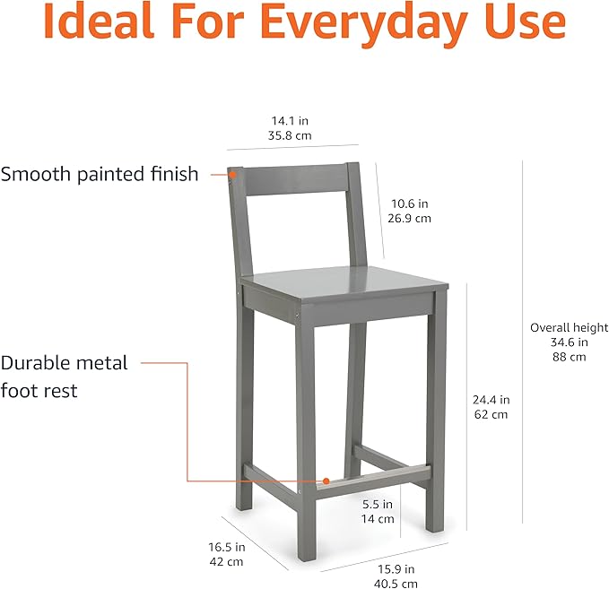Amazon Basics Wooden Bar Stool with Backrest 24", Grey, 1 Unit