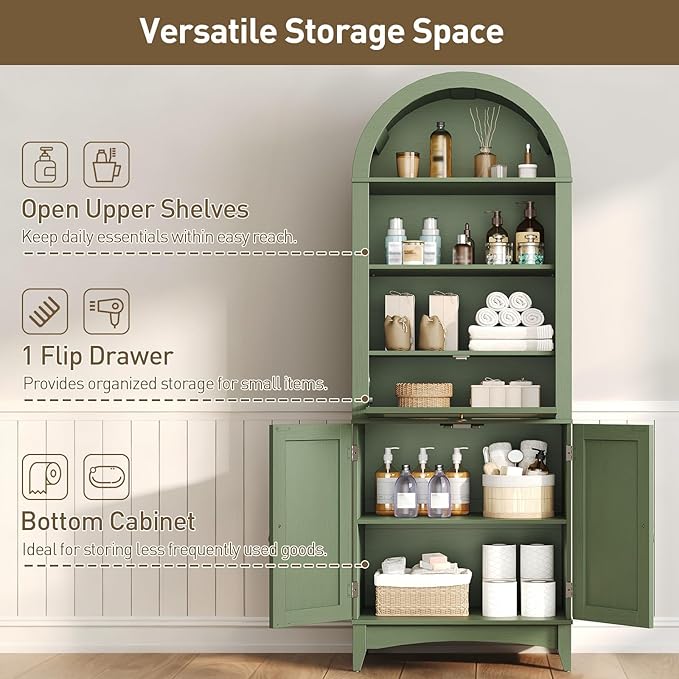 66" Tall Bathroom Storage Cabinet with Flip Drawer, Freestanding Storage Cabinet with Doors & Shelves,Arched Cabinets for Bathroom, Living Room, Kitchen, Laundry, Green