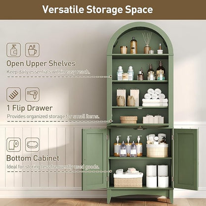 66" Tall Bathroom Storage Cabinet with Flip Drawer, Freestanding Storage Cabinet with Doors & Shelves,Arched Cabinets for Bathroom, Living Room, Kitchen, Laundry, Green