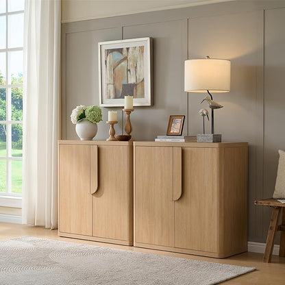 69'' Sideboard Buffet Cabinet W/Storage, Modern Accent Cabinets W/Curved Handles & Adjustable Shelves, 4 Doors Coffee Bar Buffet Table Credenza for Living Room Kitchen Hallway, Natural