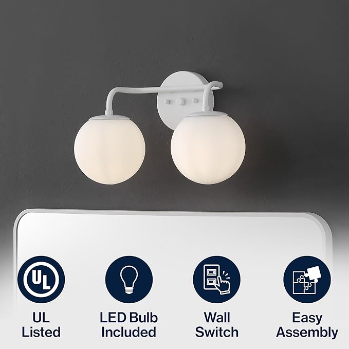 JONATHAN Y JYL3535D Louis Parisian Globe 15" 2-Light Metal/Frosted Glass Modern Contemporary LED Vanity Light Midcentury, Glam, Transitional, Bathroom, Powder Room, Dressing Room, Bedroom, White