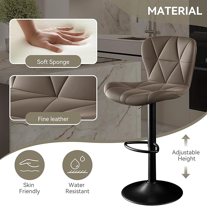 Bar Stools Set of 1,Adjustable Swivel Barstools, Faux Leather Bar Chairs,Upholstered Counter Height with High Backrest for Kitchen Island, Dark Khaki
