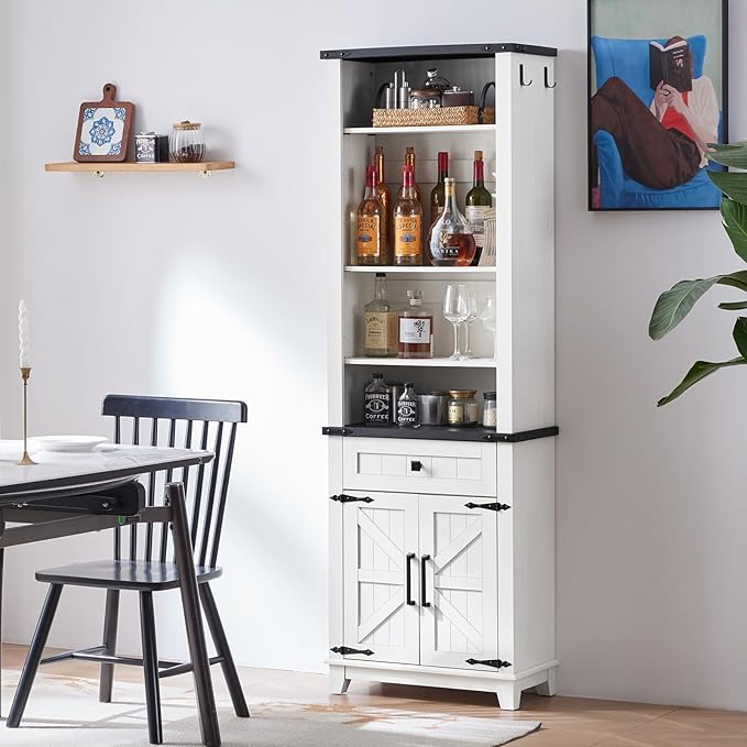 72in Tall Bookshelf 7 Tier Bookcase with Drawer and Barn Doors and Adjustable Shelves, White Farmhouse Book Shelf with Storage Cabinet, Wood Freestanding Display Bookshelves for Kitchen (4PCS)