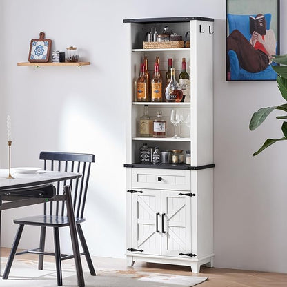 72in Tall Bookshelf 7 Tier Bookcase with Drawer and Barn Doors and Adjustable Shelves, White Farmhouse Book Shelf with Storage Cabinet, Wood Freestanding Display Bookshelves for Living Room