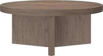 Henn&Hart 36" Fluted Round Low-Profile Coffee Table with Ribbed Pedestal Base for Living Room, Family Room, or Office, Antiqued Gray Oak