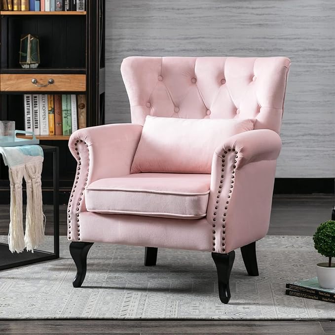 chairus Mid-Century Modern Accent Chair Comfy Tufted Single Sofa Chair Wingback Armchair with Pillow for Club, Living Room, Bedroom - Velvet, Pink