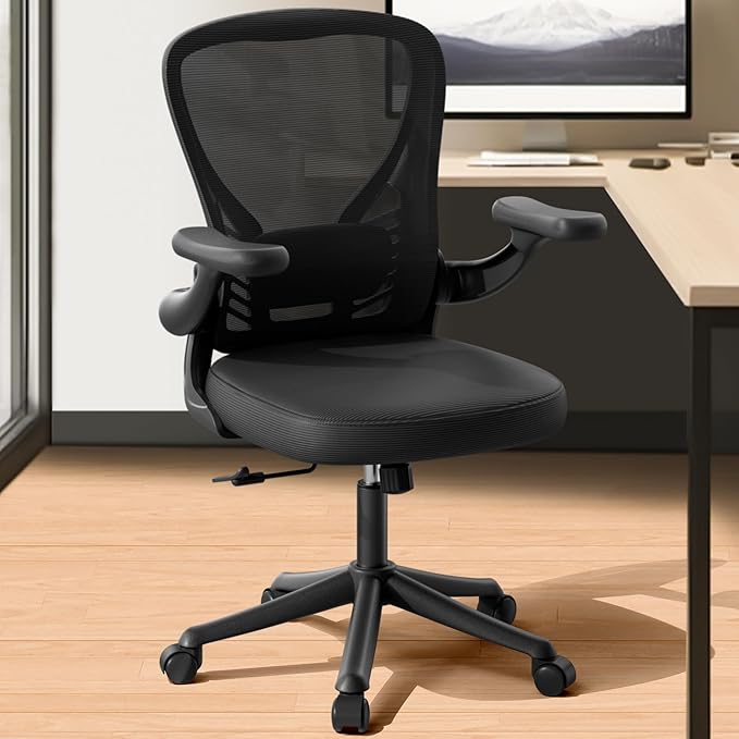 Computer Desk Chair with Wheels, Mesh Office Chair with Flip Up Arms, Adjustable Lumbar Support, Swivel Desk Chair Comfy, Black