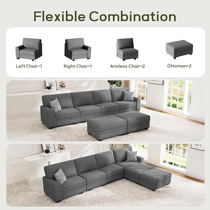 Wanderwell Oversized Modular Sectional Sofa, 6-Seater U Shaped Couches with Movable Ottoman,Corduroy Sectional Couch with Wide and Deep Seats Suitable for Living Room,Bedroom,Apartment (Grey, U-6)