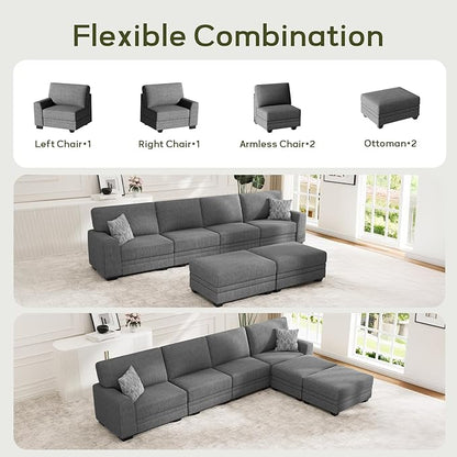 Wanderwell Oversized Modular Sectional Sofa, 6-Seater U Shaped Couches with Movable Ottoman,Corduroy Sectional Couch with Wide and Deep Seats Suitable for Living Room,Bedroom,Apartment (Grey, U-6)
