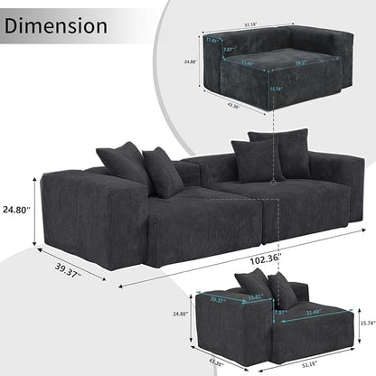WJShome Cloud Couch Modular Sectional Sofa,102inch Corduroy Couch 2 Seater LoveSofa,Black Convertible Sectional Sofa for Living Room, Cushion Covers Removable& Washable