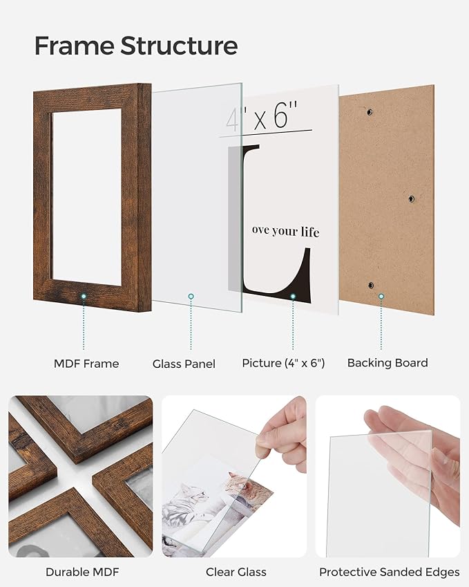 SONGMICS 4x6 Collage Picture Frames, 12-Pack Photo Collage Frame for Wall Decor, Glass Front, Assembly Required, Christmas Gift, Rustic Brown URPF022X01