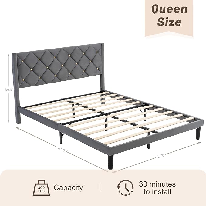 Queen Size Platform Bed Frame with Velvet Upholstered Headboard and Sturdy Wooden Slats Support,Mattress Foundation，Easy Assembly, No Box Spring Needed,Slip Resistant (Grey, Queen)