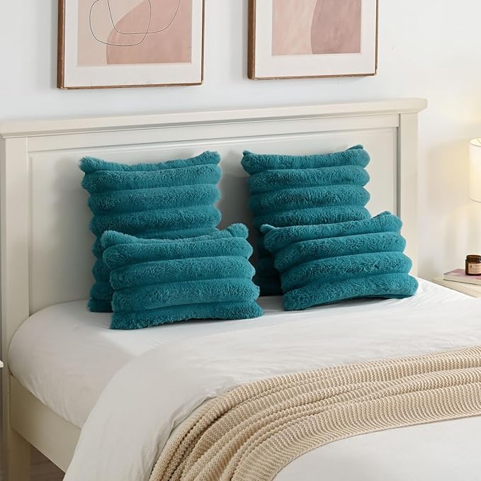FUTEI Teal Decorative Throw Pillow Covers 24x24 Inch Set of 2, Square Soft Faux Rabbit Fur Thick Striped European Cushion Covers,Winter Home Decor for Couch Bed Living Room