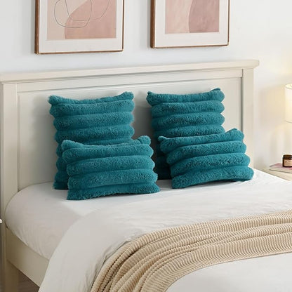 FUTEI Teal Decorative Throw Pillow Covers 20x20 Inch Set of 2, Square Soft Faux Rabbit Fur Thick Striped Cushion Cover,Winter Home Decor for Couch Bed Living Room